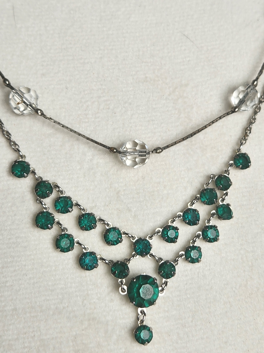 VTG Silver & Emerald Green Rhinestone Bib Necklace Coquette Layering Boho - Picture 3 of 10